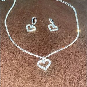 Heart Rhinestones Pendant Necklace & Drop Earrings Set Silver Jewelry Set
